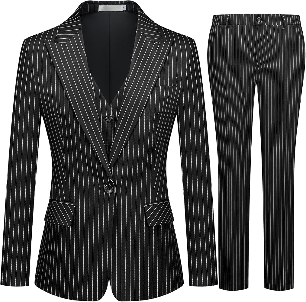 Women's 3 Piece Striped Suit One Button Slim Fit Business Work Professional Blazer Jacket Vest Pa... | Amazon (US)