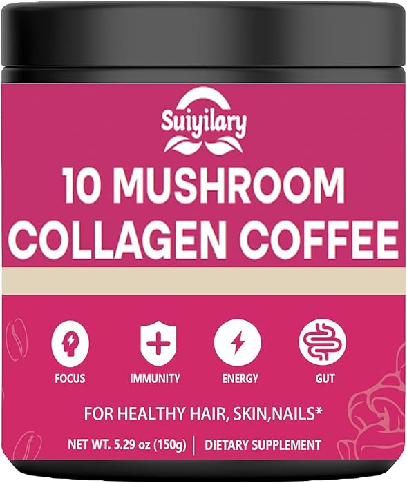 Mushroom Coffee with Collagen, 10 Mushroom Extract Powder Blend Lion's Mane, Brain Supplements wi... | Amazon (US)