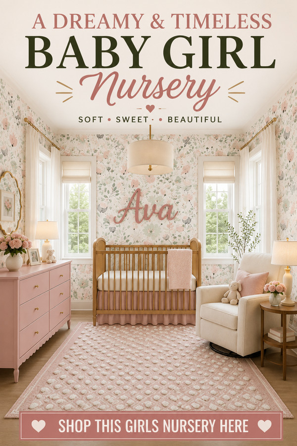 Design a beautiful baby girl nursery with soft floral wallpaper, a natural wood crib, blush pink dresser, cozy glider, a