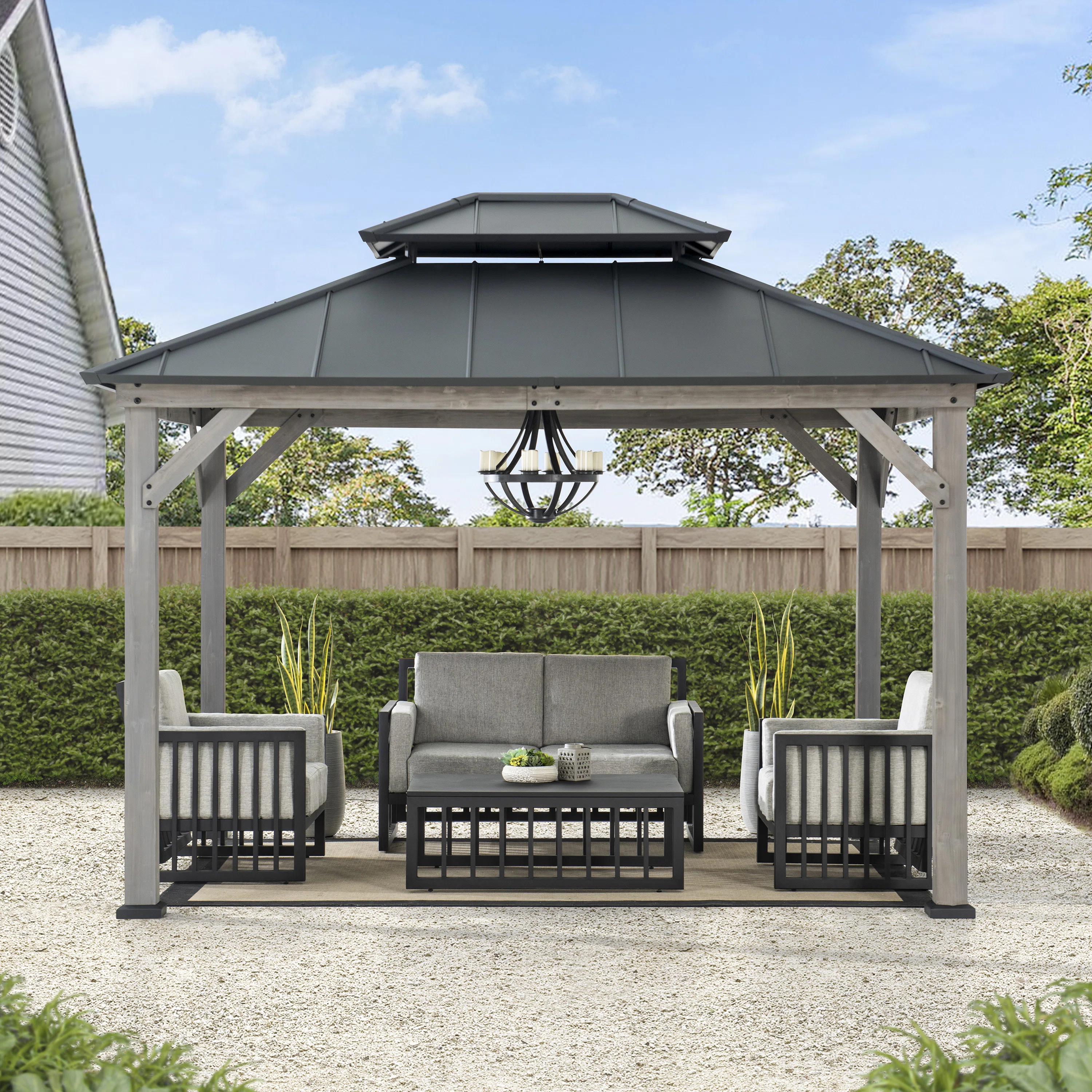 Sunjoy 10 x 12 ft. Wood Gazebo, Outdoor Patio Steel Hardtop Gazebo, Cedar Framed Wooden Gazebo wi... | Wayfair North America