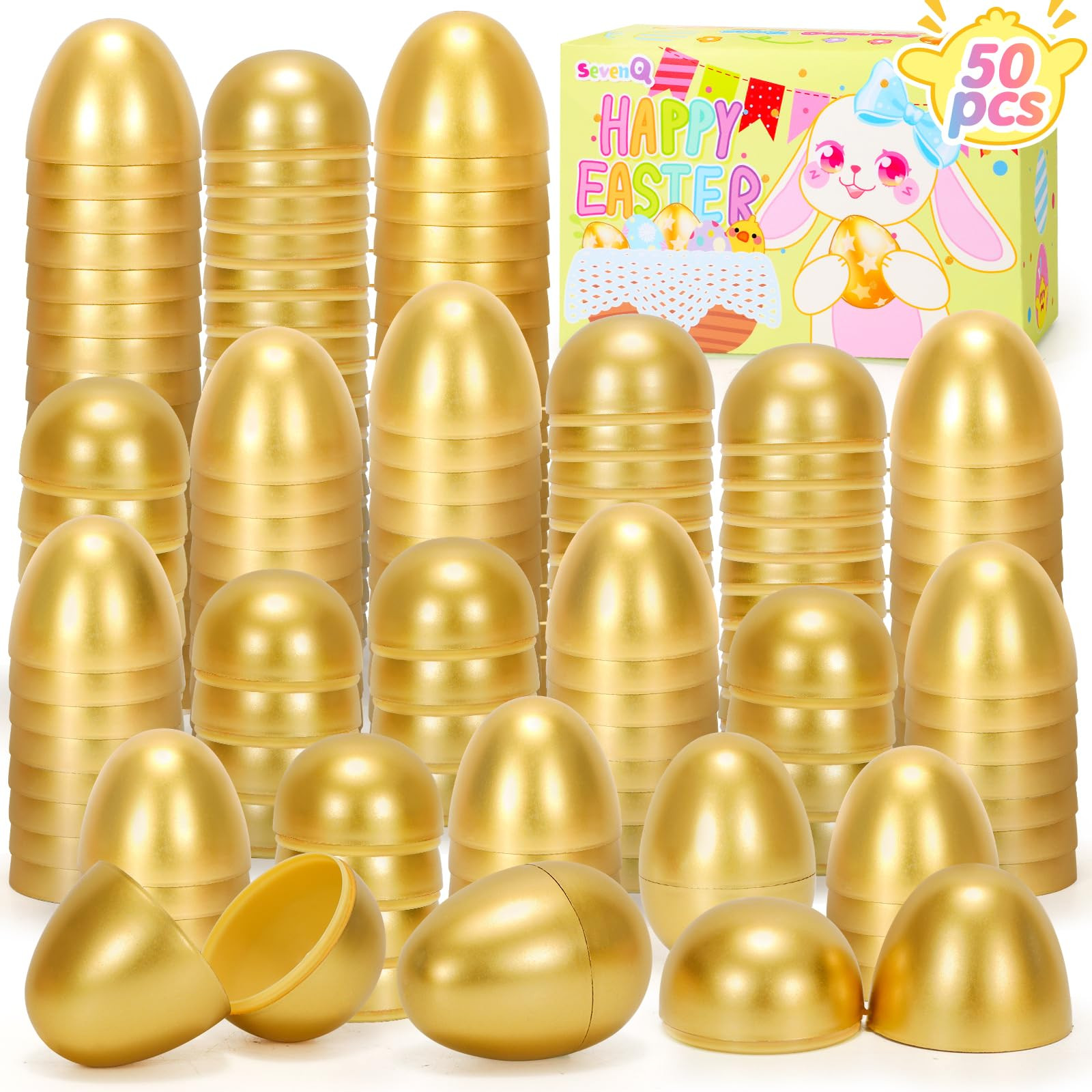 Fillable Easter Eggs 50Pcs Plastic Golden Eggs for Easter Basket Stuffers,Easter Gifts for Kids Party Favors Pinata Candy Goodie Bags Treasure Box Toys Fillers Easter Egg Hunt Games Decorations | Amazon (US)
