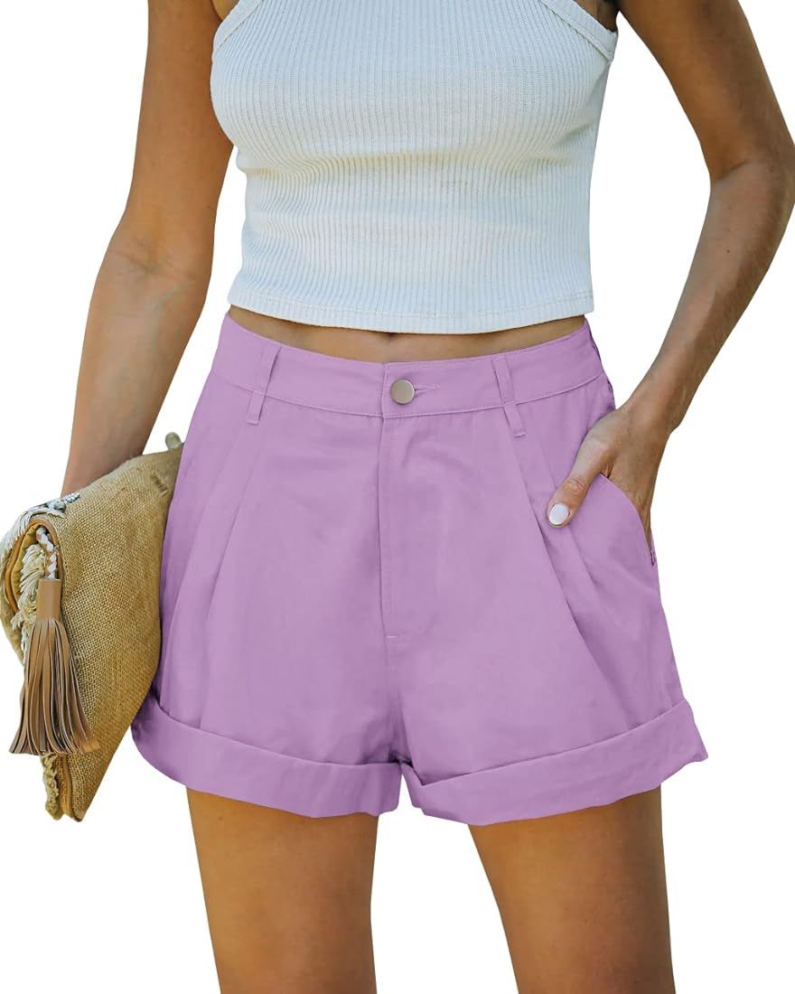 Ebifin Womens Summer High Waisted Pleated Shorts Casual Folded Hem Short Pants | Amazon (US)