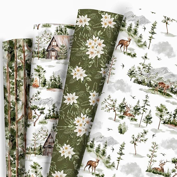 Dtiafu Forest Green Wrapping Paper 4 Watercolor Woodland Style Gift Wrap Paper Bulk Green Tree an... | Amazon (US)