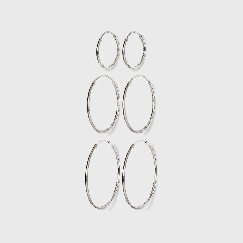 Women's Sterling Silver Small, Medium and Large Hoop Earring Set 3pc - Silver | Target