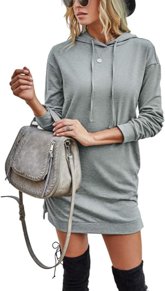 Amazon.com: Kirundo Women’s 2020 Winter Long Sleeves Sweatshirt Dress Solid Color Hoodie Drawst... | Amazon (US)