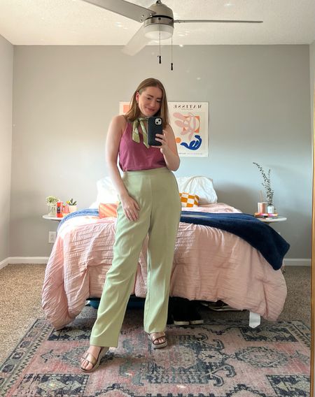 pink + green 💐 thrifted these Alfred Dunner pants, but they’re available online too! I went up a few sizes but they are super stretchy, so I recommend staying TTS.