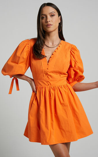 Zandra Mini Dress - Puff Sleeve Poplin in Orange | Showpo (US, UK & Europe)