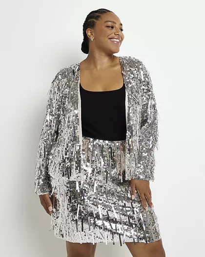 River Island Womens Silver Sequin Zip Up Bomber Jacket
