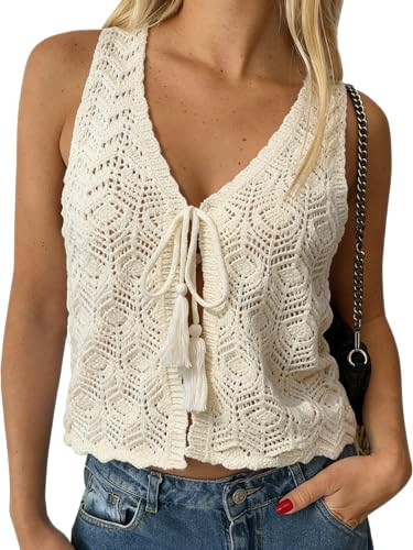 FOMELY Crochet Tops for Women Tie Front Summer Knit Sweater Vest Tank Vacation Beach Cute Spring Outfits 2026 Knitted Boho Beige Size 8 10 Medium | Amazon (US)
