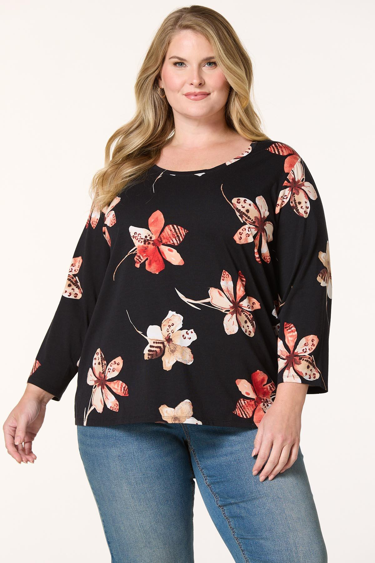 Plus Size Printed Floral Top - Black | Cato Fashions