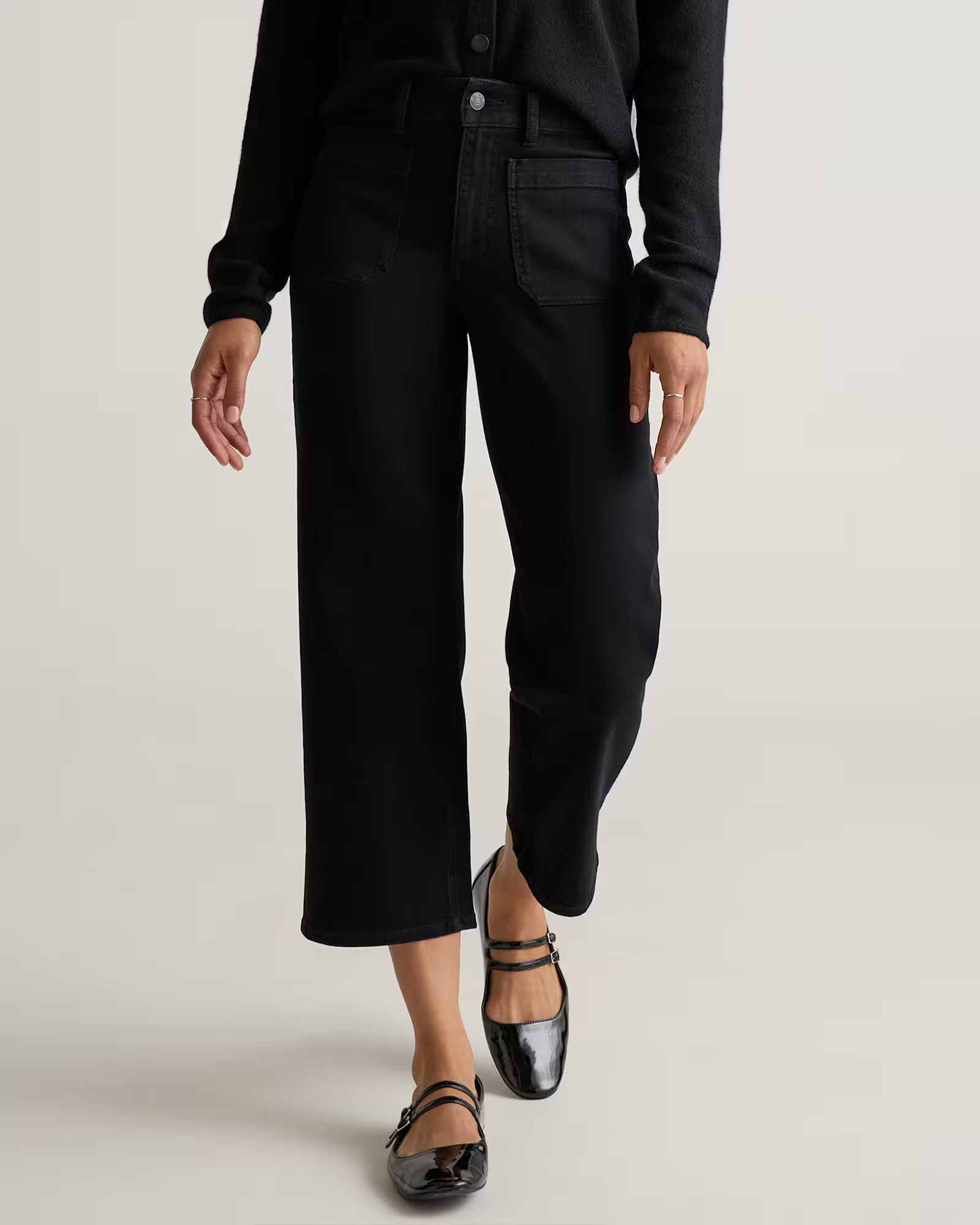 Bella Stretch Patch Pocket Wide Leg Jeans in Black | Quince