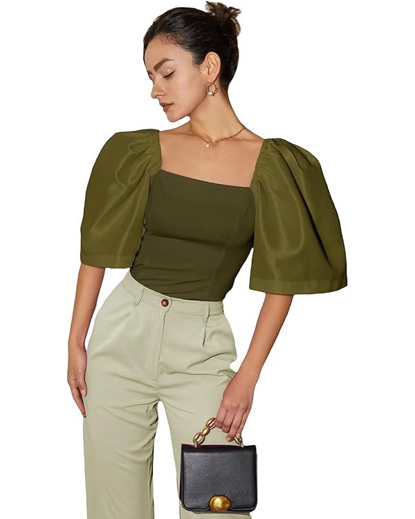 Floerns Women's Square Neck Puff Short Sleeve Elegant Blouse Crop Top | Amazon (US)