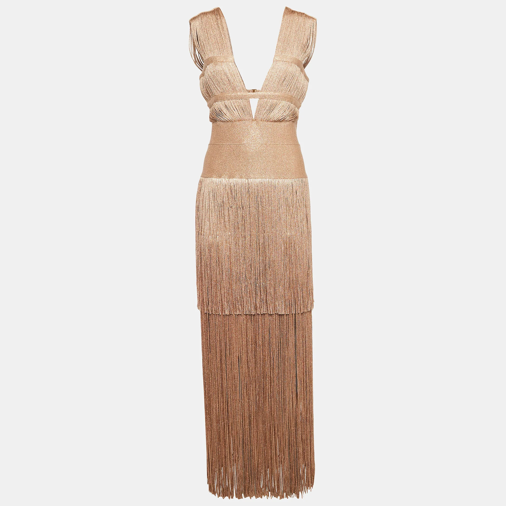 Herve Leger Metallic Lurex Knit Fringed Bodycon Evening Gown | Shop Simon