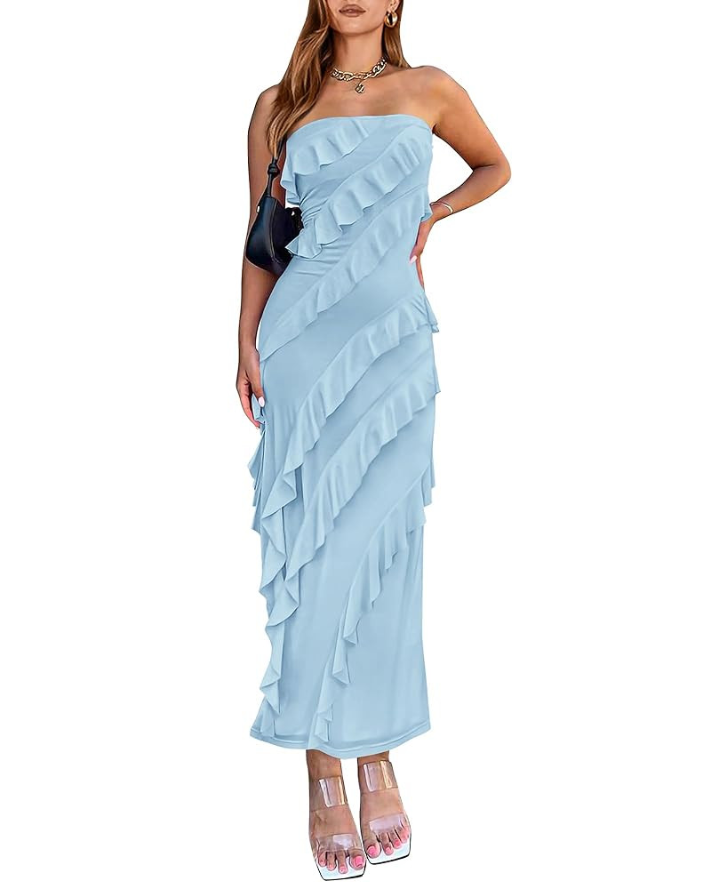 BTFBM Women Summer Elegant Strapless Midi Ruched Bodycon Dress Solid Color Stretch Mesh Slim Part... | Amazon (US)