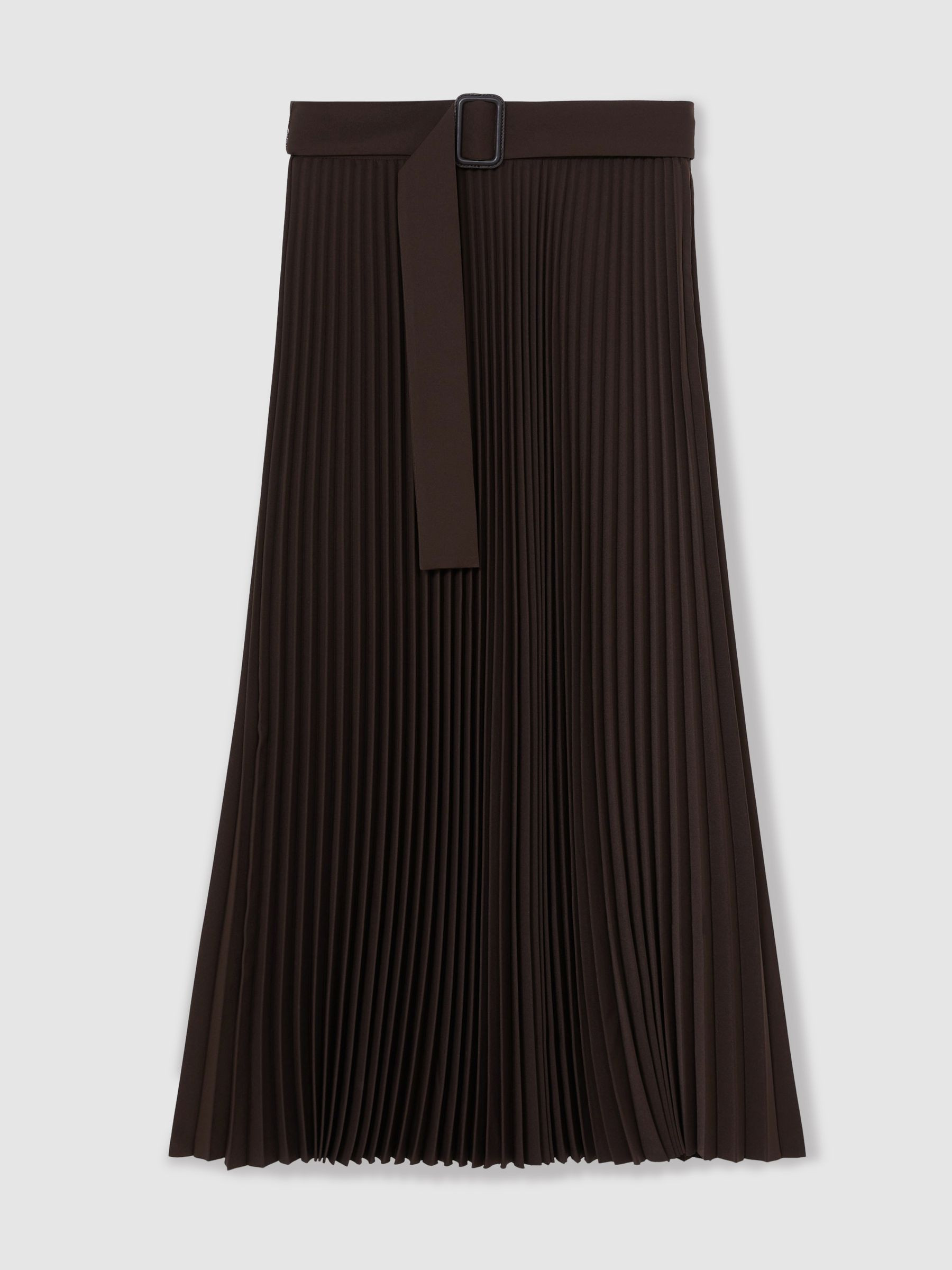 Pleated Belted Midi Skirt in Chocolate Brown | Reiss US