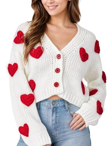 Women Valentines Day Cropped Cardigan Sweaters Love Heart Printed Open Front Button Down Knit Sweaters Tops(White-M) | Amazon (US)