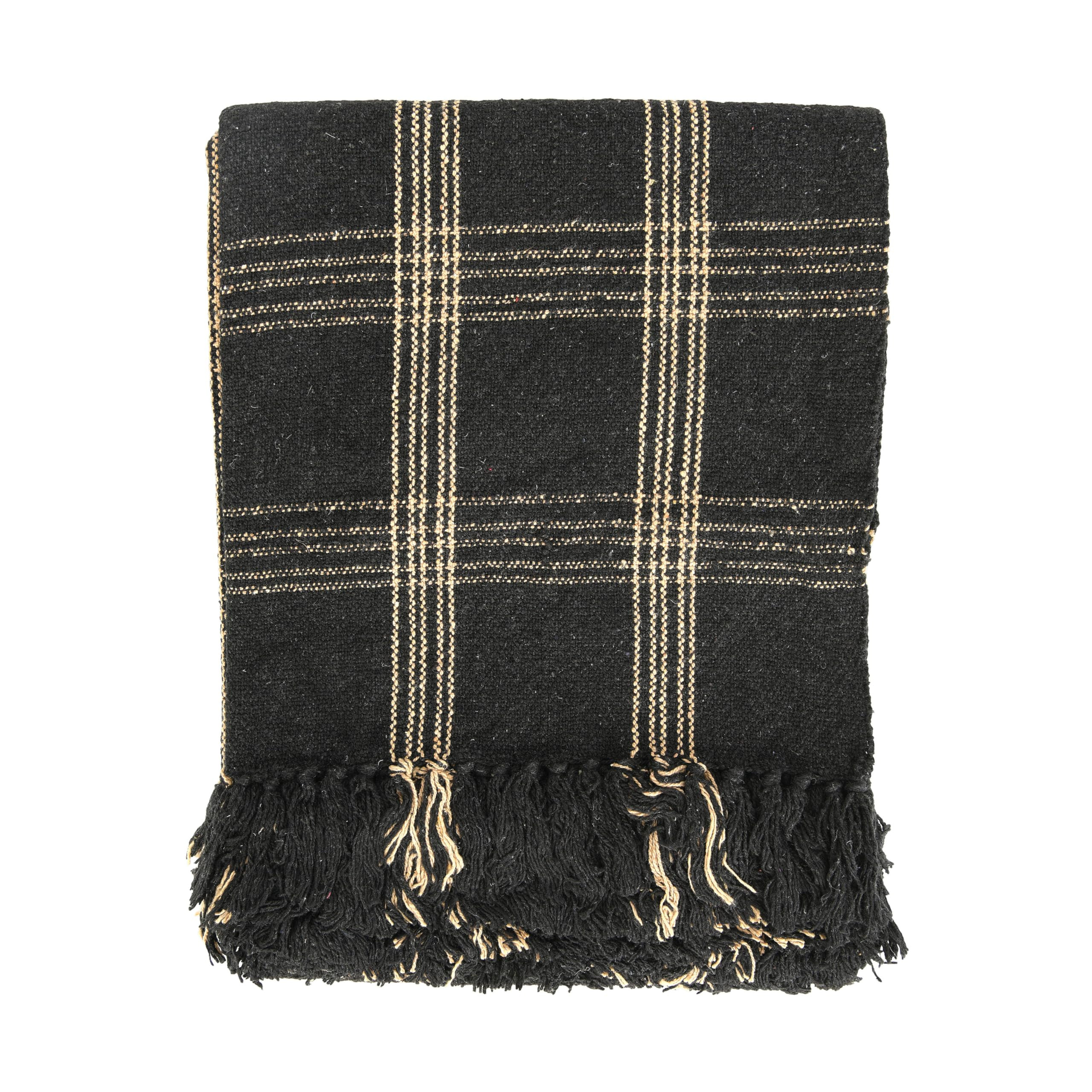 Plaid Black & Tan Fringed Woven Cotton Blend Throw | Amazon (US)