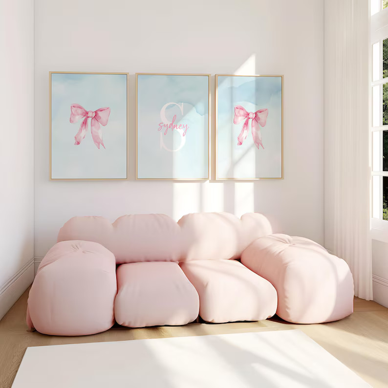 Set of 3 Pink Bow Blue Sky Custom Initial Name Art, Pink Girly Room Nursery Art Digital Download ... | Etsy (US)