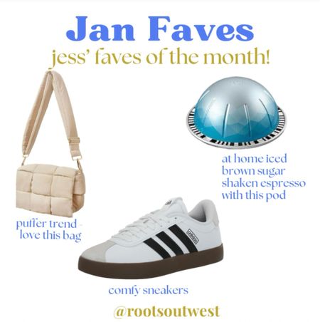 3 of my faves from Jan! Amazon puffer purse - v. into the puffer material trend for accessories & this bag is 💯 
fave footwear - these adidas sneakers are SO comfy. great with both jeans & leggings and I’ve worn them for hours on end of walking this past month and haven’t had sore feet from them 👏🏻
fave drink - at home iced brown sugar shaken espresso 🧋- I use my nespresso to make it with this pod!

#LTKitbag #LTKhome #LTKshoecrush