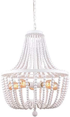 Alice House 21" Wood Bead Chandeliers, Rustic White Finish, 5 Light Wood Beaded Pendant Light for... | Amazon (US)