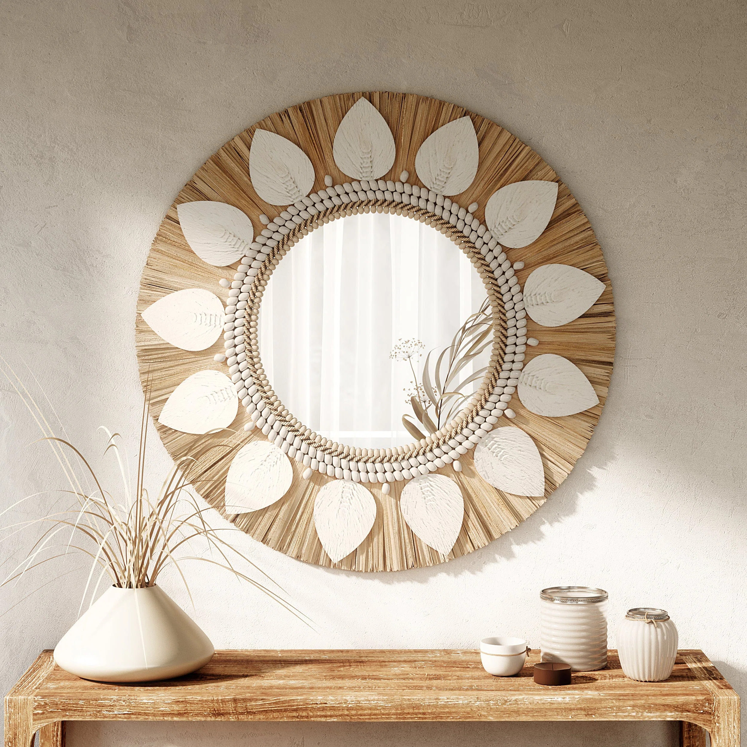Bungalow Rose Dauna Rattan Wall Mirror, Handmade Round Mirror with Natural Raffia & Seashells, ap... | Wayfair North America