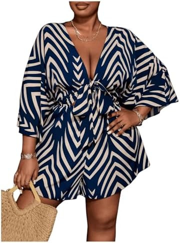 SOLY HUX Women's Plus Size Romper Striped V Neck Tie Front 3/4 Sleeve Loose Short Jumpsuit | Amazon (US)