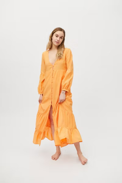 UO Briella Plunging Button-Front Midi Dress | Urban Outfitters (US and RoW)