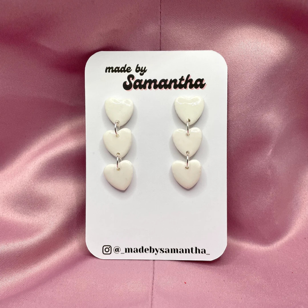 White polymer clay three-tier dangly heart earrings | Etsy (NL)