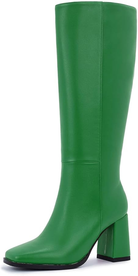 Knee-High Boots for Women - Wide Calf Boots with Zipper, Square Toe Tall Leather Boots, Chunky He... | Amazon (US)