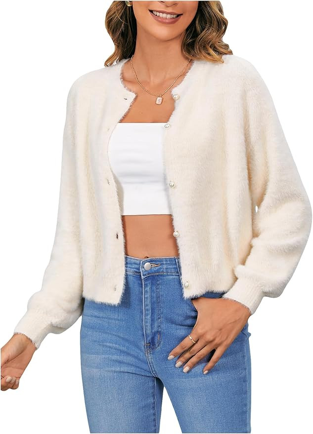 Verdusa Women's Fuzzy Cardigan Sweaters Furry Long Sleeve Trendy Tops Pearl Up Shirts | Amazon (US)