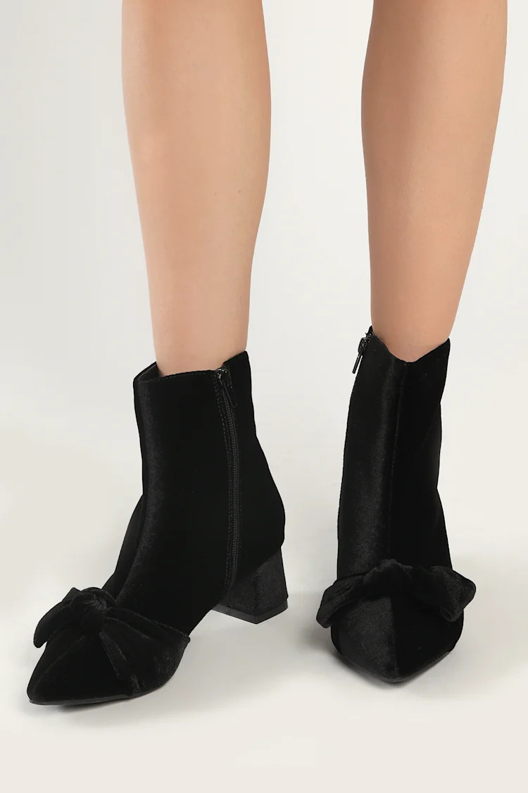 Femmie Black Velvet Pointed-Toe Bow Booties | Lulus (US)