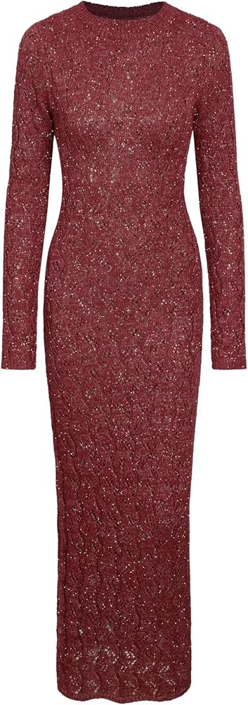 CIDER Burgundy Dress for Women Long Sweater Dresses Mesh Hollow Out Long Sleeve Crew Neck Maxi Wi... | Amazon (US)