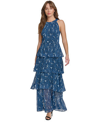 Tommy Hilfiger Women's Printed Halter Tiered Maxi Dress - Macy's | Macy's