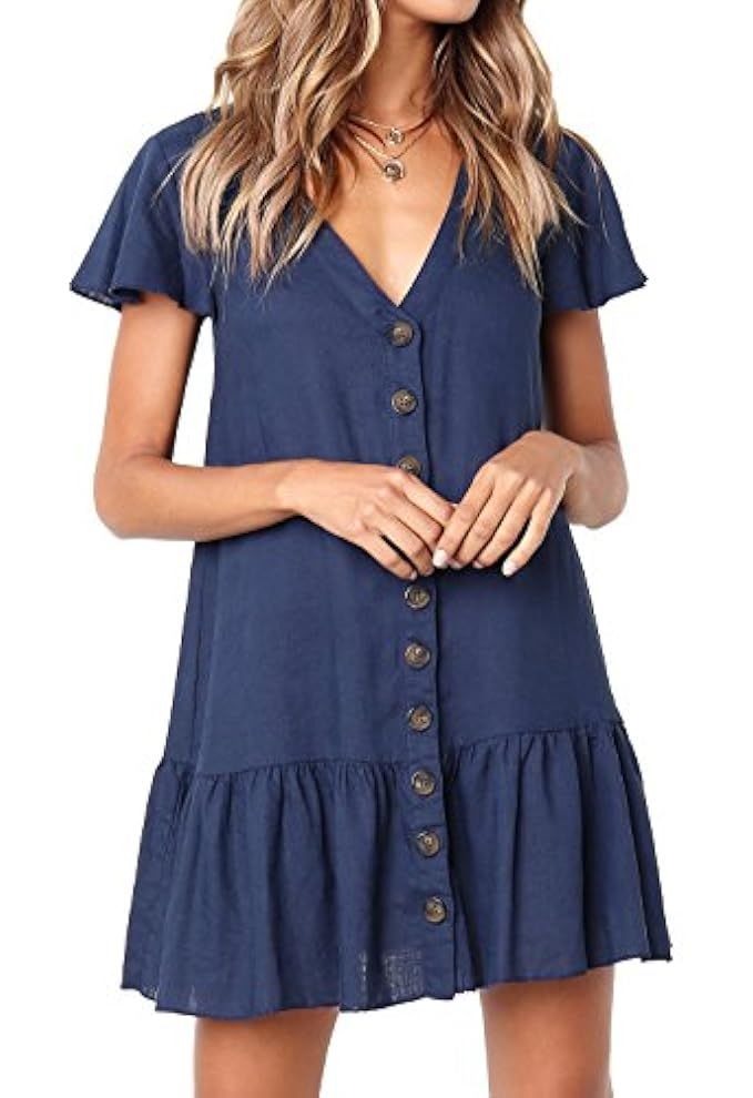 FOUR CLOUR Women's Casual Summer Deep V Neck Button Down Short Sleeve Mini Dress | Amazon (US)