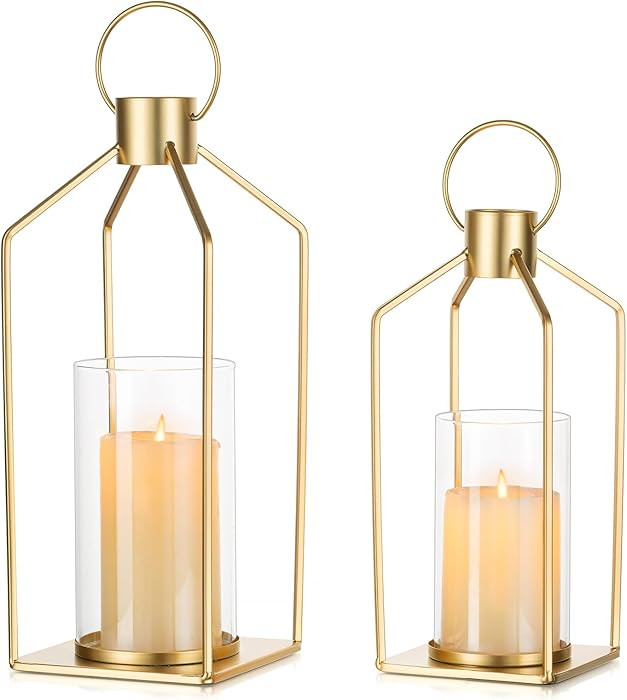 NUPTIO Gold Lanterns Decorative Indoor: Set of 2 Hanging Metal Pillar Candle Lantern with Bottoml... | Amazon (US)