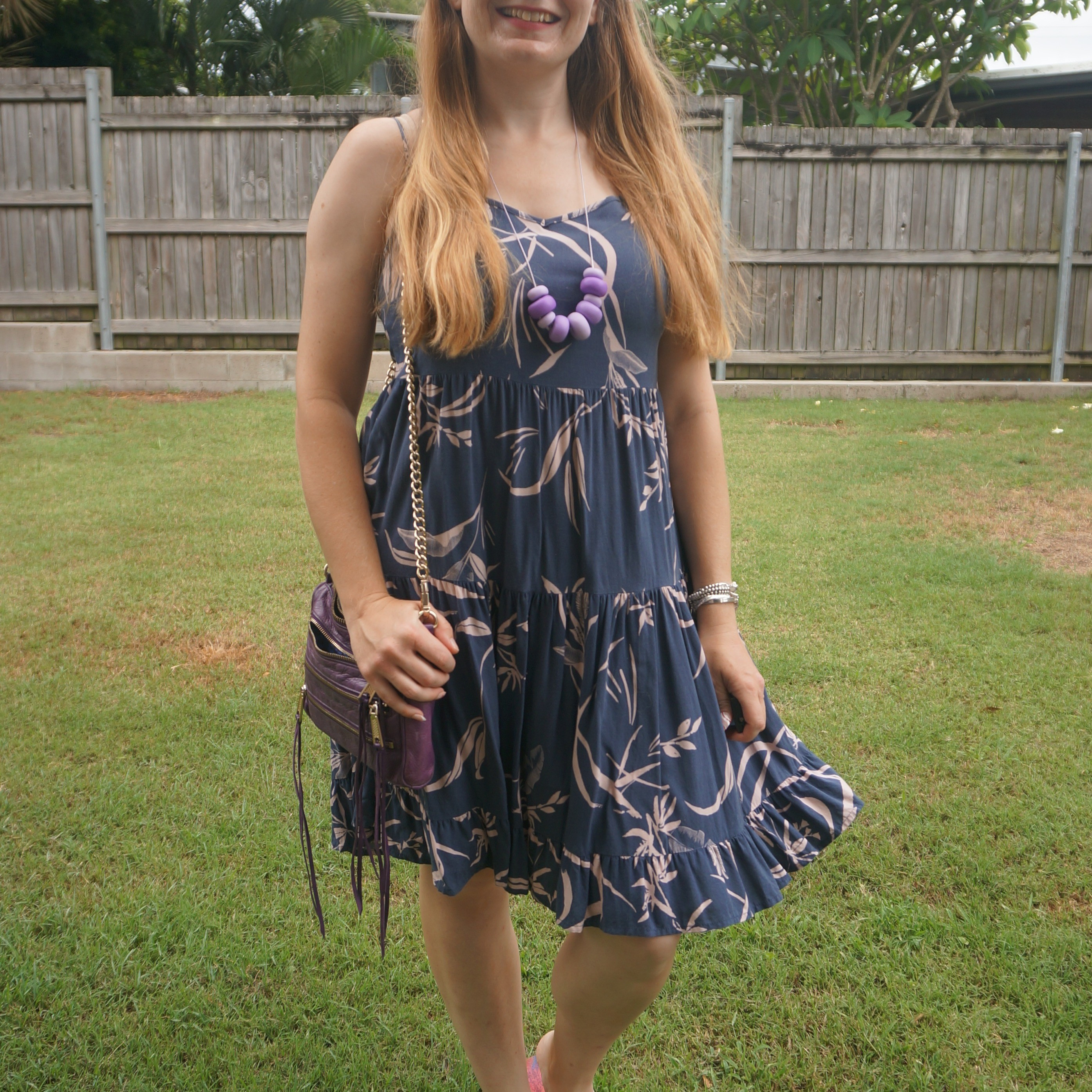 Kmart Anko blue printed tiered sundress with purple accessories. Handmade necklace and purple Rebecca Minkoff mini 5-zip bag 💜

#LTKbag #LTKaustralia #LTKsummer