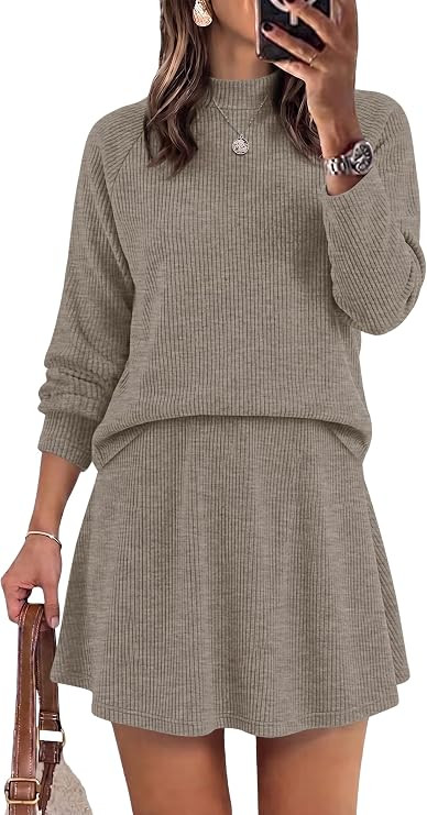 WIHOLL 2 Piece Sets for Women Mini Skirt Lightweight Sweaters Mock Neck | Amazon (US)