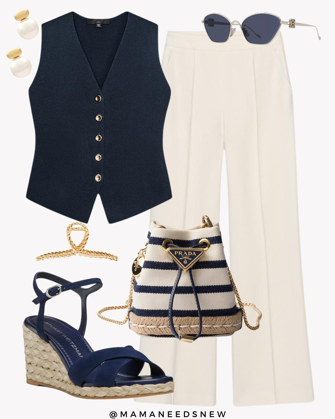 A spring / summer outfit with a navy knit vest top, cream pants, espadrille wedges, small bucket bag 💙

#LTKStyleTip #LTKItBag #LTKSaleAlert