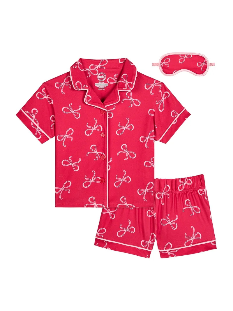 Wonder Nation Girls Short Sleeve Button Front Pajama Top and Shorts Set with Eyemask, 3-Piece, Si... | Walmart (US)