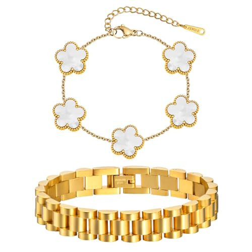Stackable Gold Floral Bracelets Set , 2pcs 18K Gold Plated Bracelet Non-tarnish,Stainless Steel Link Chain Friendship Bracelet,Watch Band Trendy Jewelry,Christmas Valentines Birthday Gifts for Women | Amazon (US)