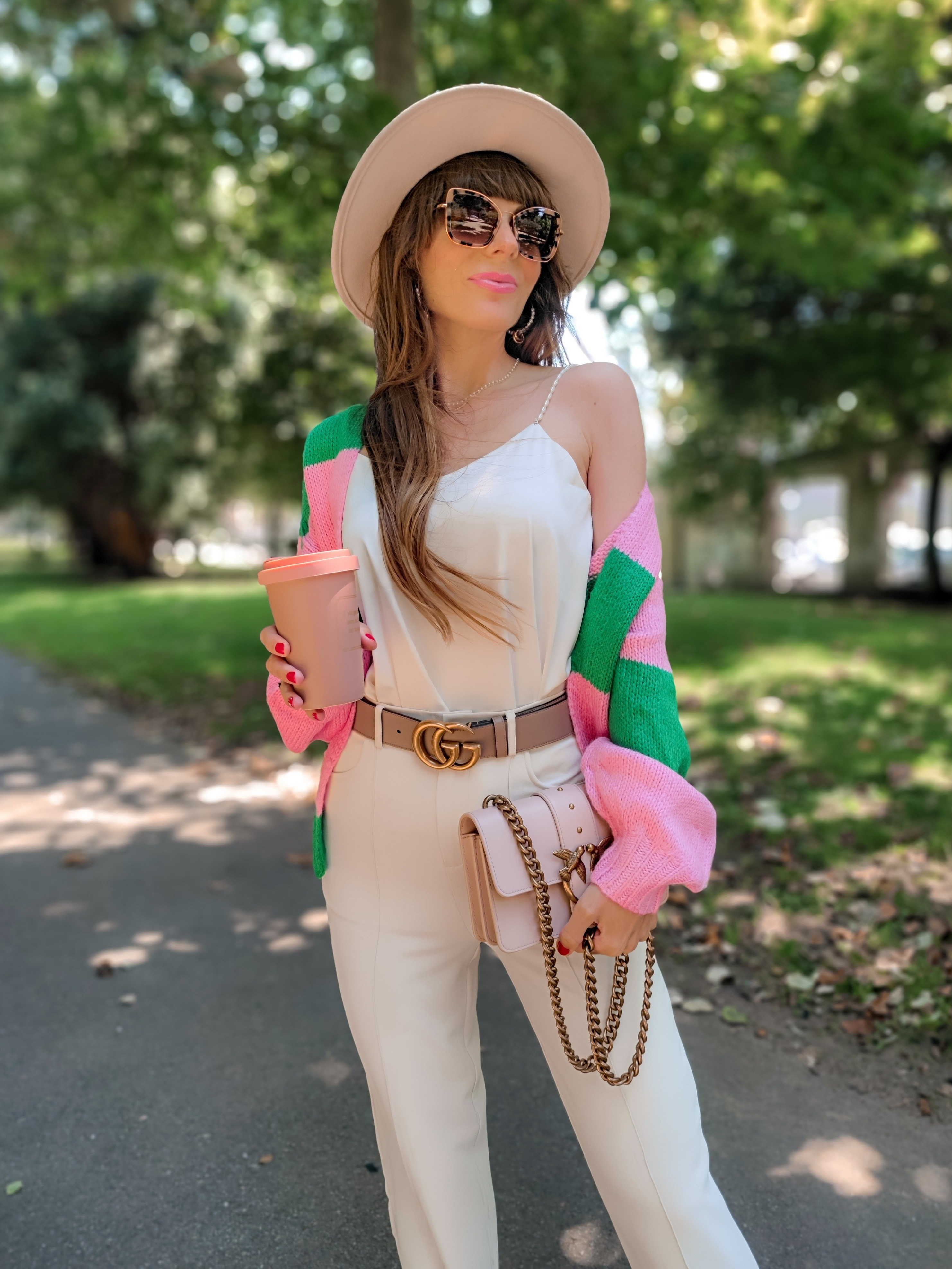 Striped block cardigan for those early fall looks 🥰💚💕Pink and green, cardigan, fall outfits, fall fashion, chicwish, Gucci belt, pinko bag, pink bag, Cami top, fedora hat.

#LTKSeasonal #LTKStyleTip #LTKBacktoSchool