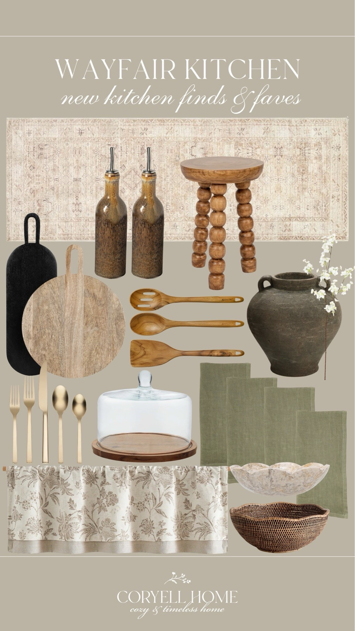 Wayfair kitchen decor favorites for a neutral home 🤍 The prettiest warm woods and sage green accents to bring your kitchen to life this summer season.