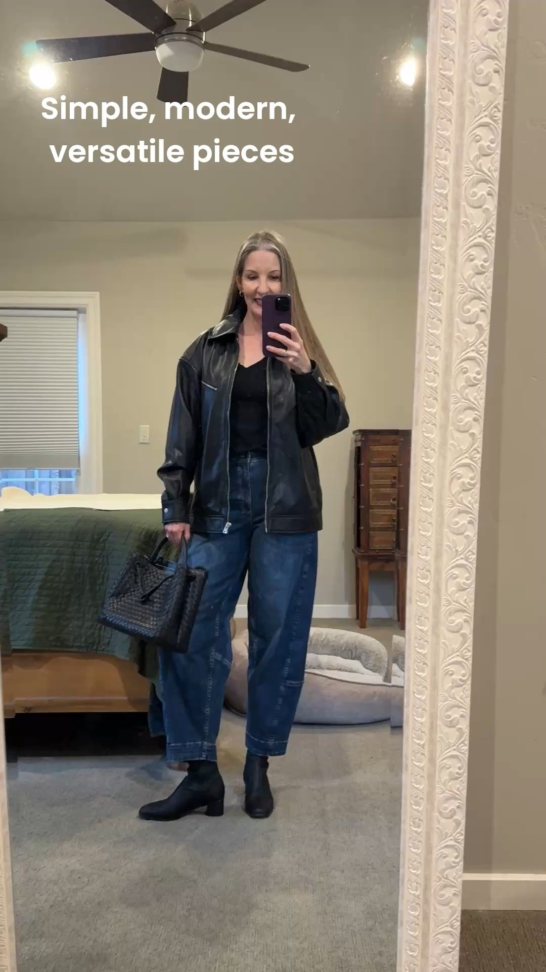 Minimalist, midsize capsule wardrobe pieces. Flattering jeans, comfortable boots, cool leather jacket. #styleover40 #styleover50 #minimaliststyle #midsizestyle #capsulewardrobe #casualootd #modernminimalist #sustainablestyle 
#effortlessstyle #simplestyle #modernclassics 

#LTKOver40 #LTKgrwm #LTKMidsize