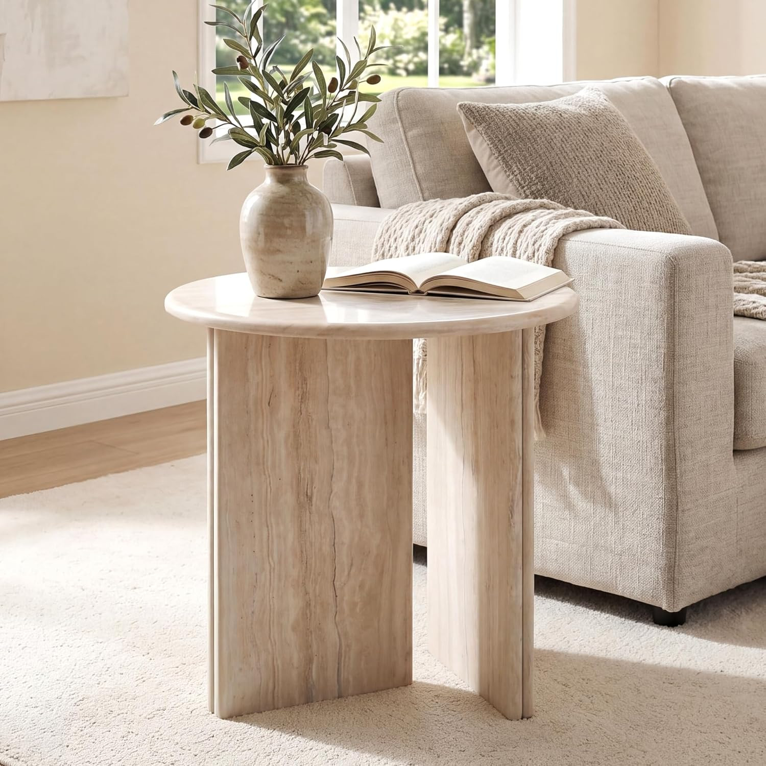 DUOMAY Wood Round Side Table Small Faux Marble Bedside Table 18" Modern End Table Natural Travertine Finish for Living Room, Bedroom, Sofa Side, Reception Room, Luxury Minimalist, Beige | Amazon (US)