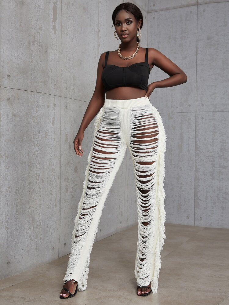 Ladder Distressed Fringe Trim Pants | SHEIN