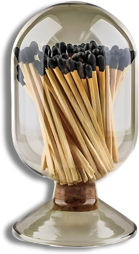 Smoke Gray Glass Matches Cloche | Includes Color Matches & Striker Strip!!! | Grey Tinted Decorative Match Holder Jar for Candles Set Display (Black Matches) | Amazon (US)