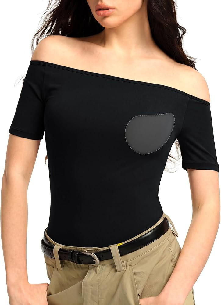 3 Ways-wear Built-in Bra Short Sleeve Shirts Boat Neck/Off Shoulder/One Shoulder Top Seamless Str... | Amazon (US)