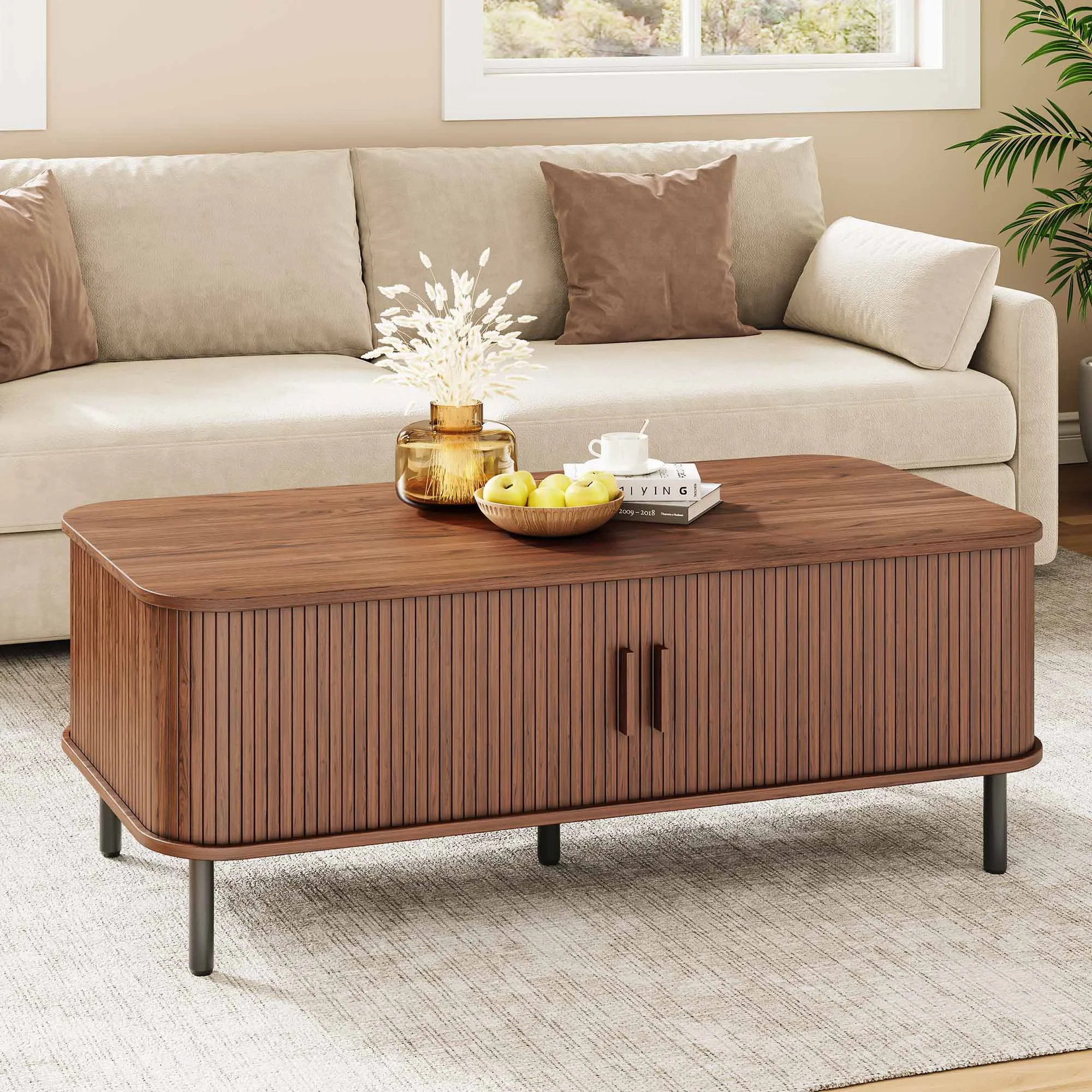 Ebern Designs Mid Century Modern Coffee Table With Sliding Tambour Door, Fluted Accent Center Tab... | Wayfair North America