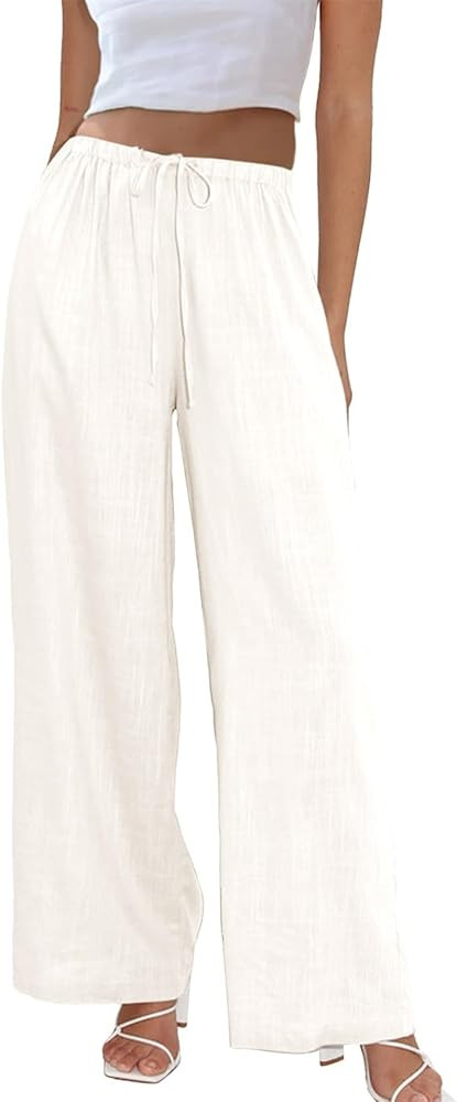 Duyang Womens Cotton Linen Palazzo Pants Drawstring Elastic Waist Casual Wide Leg Trousers with P... | Amazon (US)