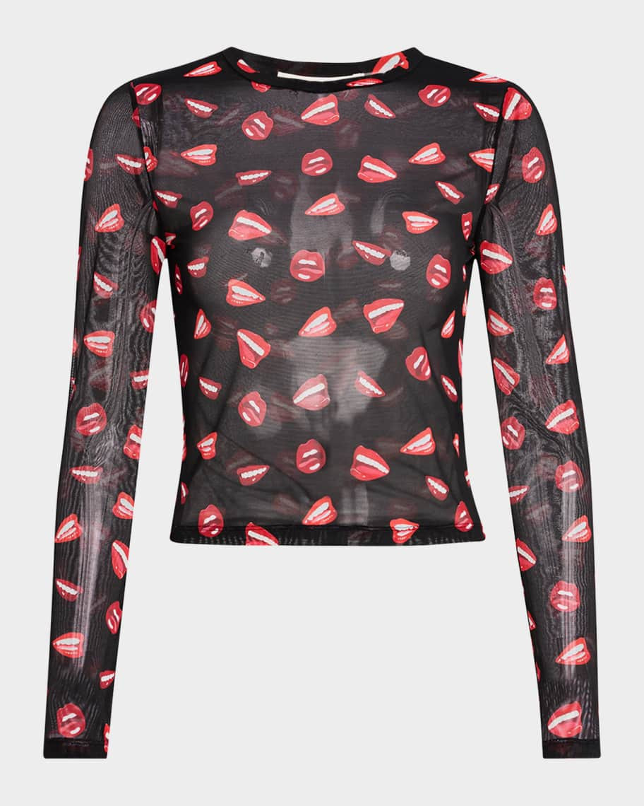 Alice + Olivia Lip Sync Delaina Long-Sleeve Mesh Cropped Top | Neiman Marcus